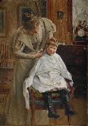 Robert Lundberg Mother cutting the hair Sweden oil painting artist